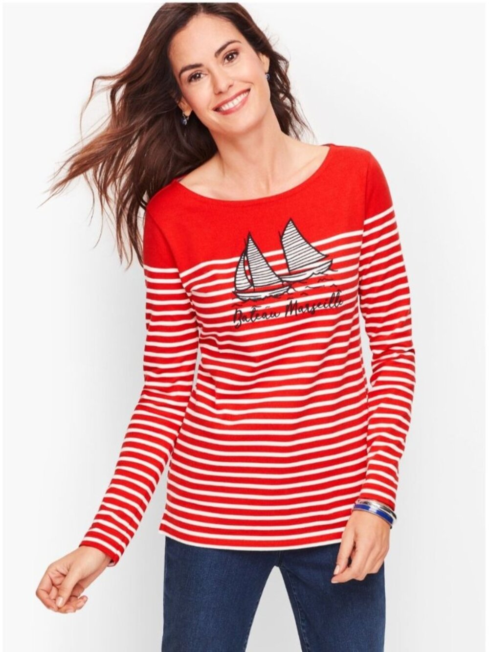 Authentic Talbots Bateau Marseille Stripe Nautical Tee Top M Red Sailboat Preppy
